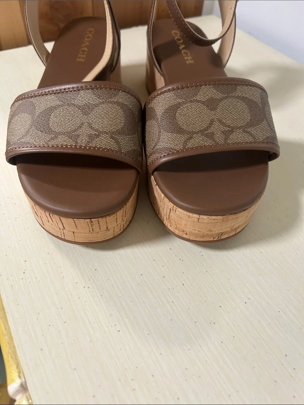 Coach Brown Signature Canvas Cork Platform Sandals with Ankle Strap NWOT